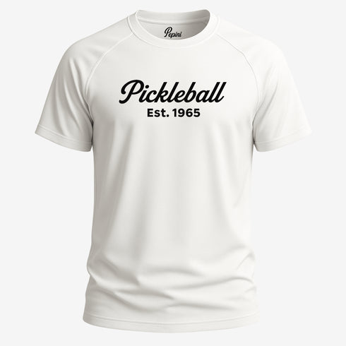 White t-shirt with 'Pickleball Est. 1965' text on a white background